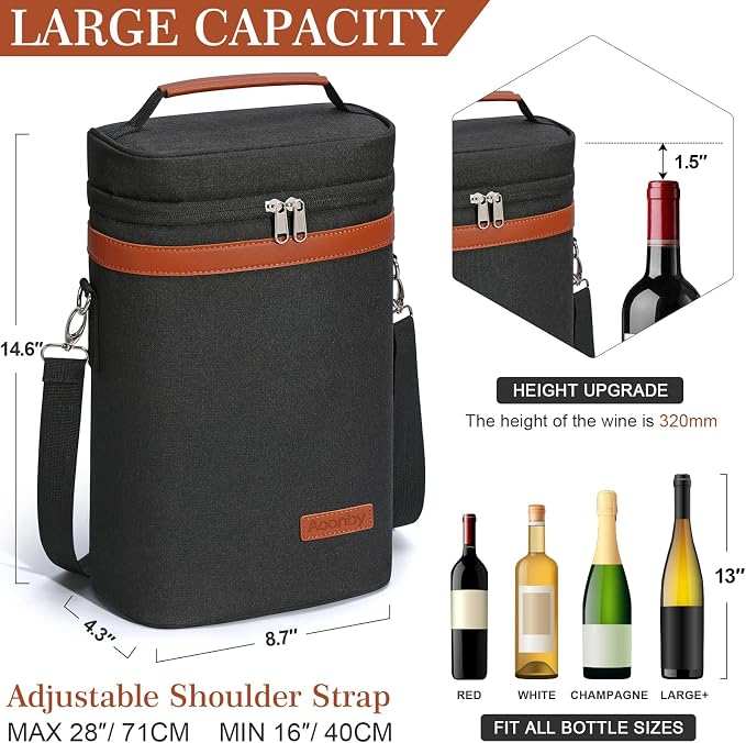 2 Bottle Wine Bag Wine Cooler Carrier Wine Gift Tote Bag, Leakproof & Insulated - Image 2