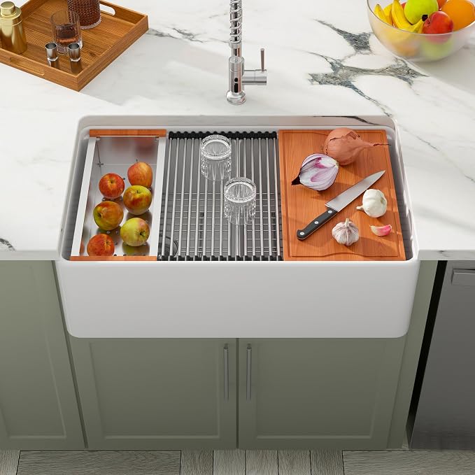 Dcolora 33 Inch White Farmhouse Sink Double Bowl 50/50 Workstation Country Farm - Image 2