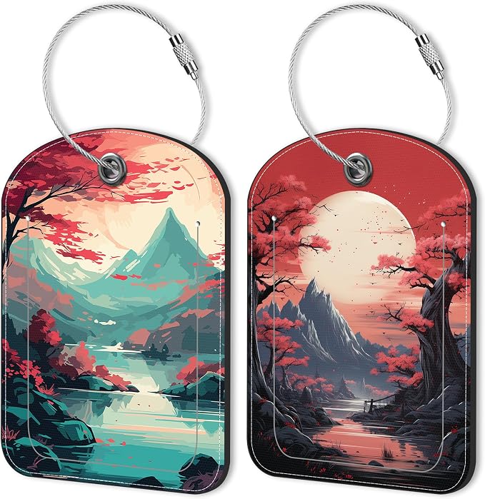 2 PCS Leather Luggage Tag for Suitcase Japanese Mountains Travel Suitcase Labels by Unknown
