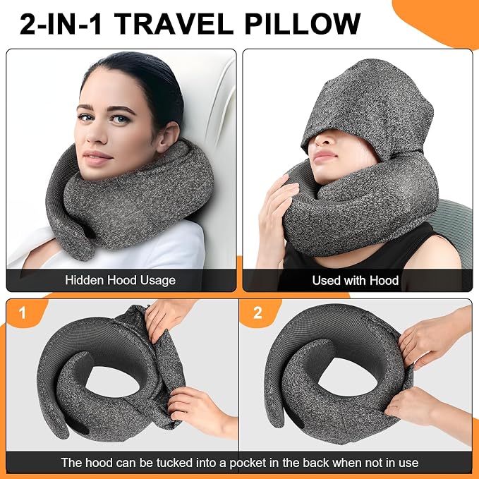 Travel Pillow - Hooded Neck Pillow Airplane Memory Foam Filling - Image 2