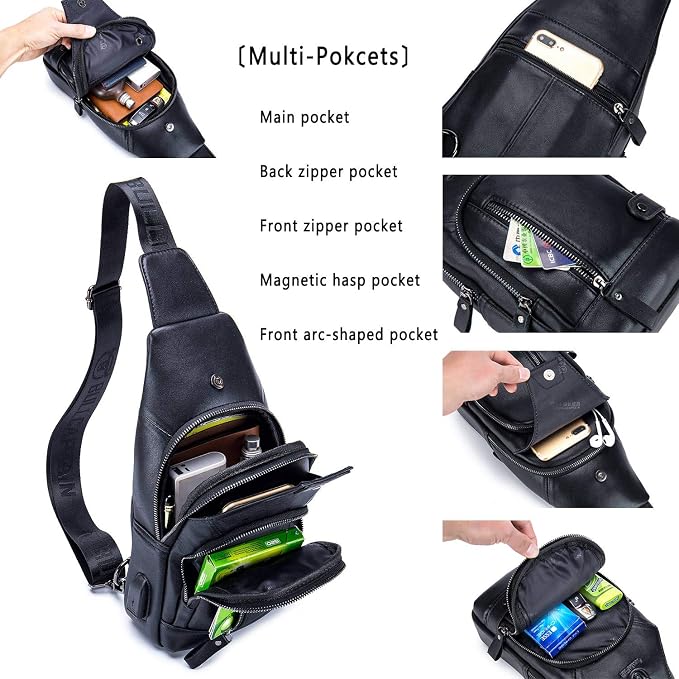 BULLCAPTAIN Leather Sling Bag Mens Chest Bag Casual Shoulder Crossbody Bags - Image 3
