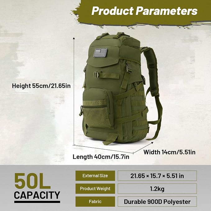 50L Tactical Backpack for Men and Women, Water-Resistant Molle Rucksack - Image 3
