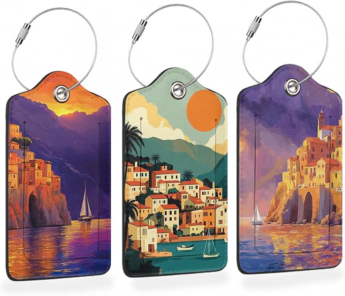 Retro Seaside Village 3 PCS PU Leather Luggage Tags by Losthll