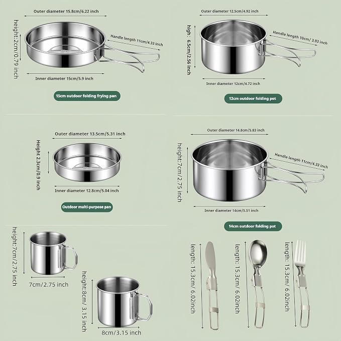 Camping Cookware Mess Kit Set 304 Stainless Steel 12-Piece Lightweight - Image 3