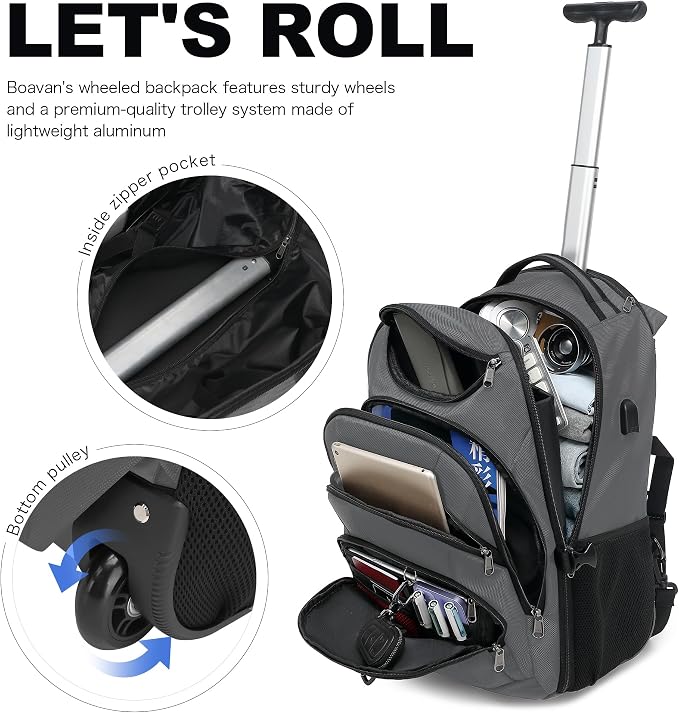 Boavan Rolling Backpack, 17 inch Water Resistant Wheeled Backpack, Carry on - Image 6