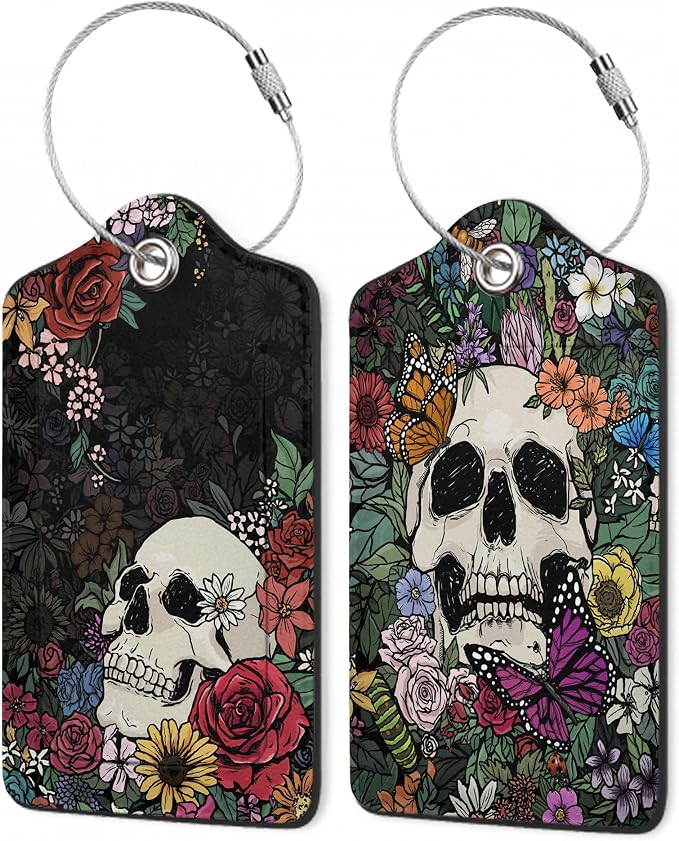 Skull Flowers Luggage Tags, 2 Pack Luggage Tag, Leather Privacy Cover ID Label by Unknown