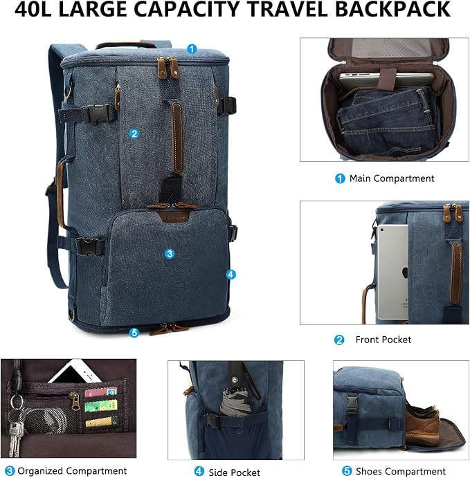 G-FAVOR 40L Travel Backpack, Vintage Canvas Rucksack Convertible Duffel Bag - Image 3
