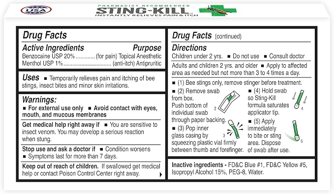 Sting-kill First Aid Anesthetic Swabs, Instant Pain + Itch Relief from Bee - Image 2