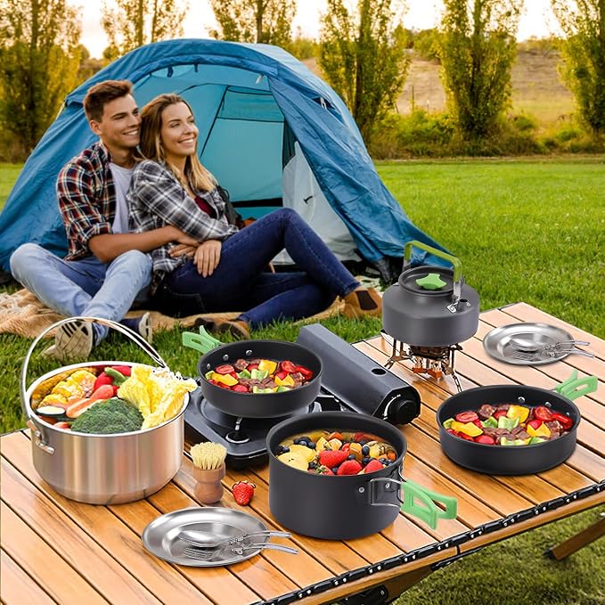 PELLOR Camping Cookware Set, Pans Set and Folding Fork, Lightweight Backpacking - Image 2