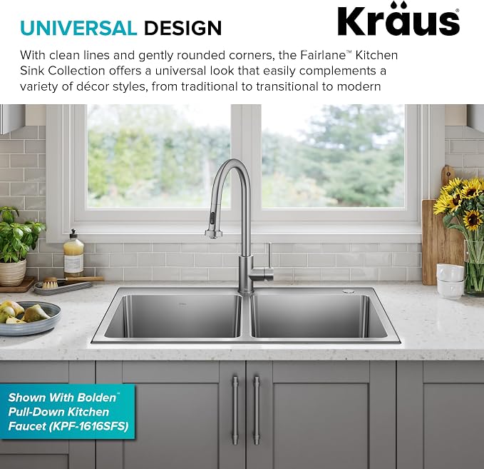 KRAUS Fairlane 33-inch Drop In/Top Mount Double Bowl 18-Gauge Stainless Steel - Image 6