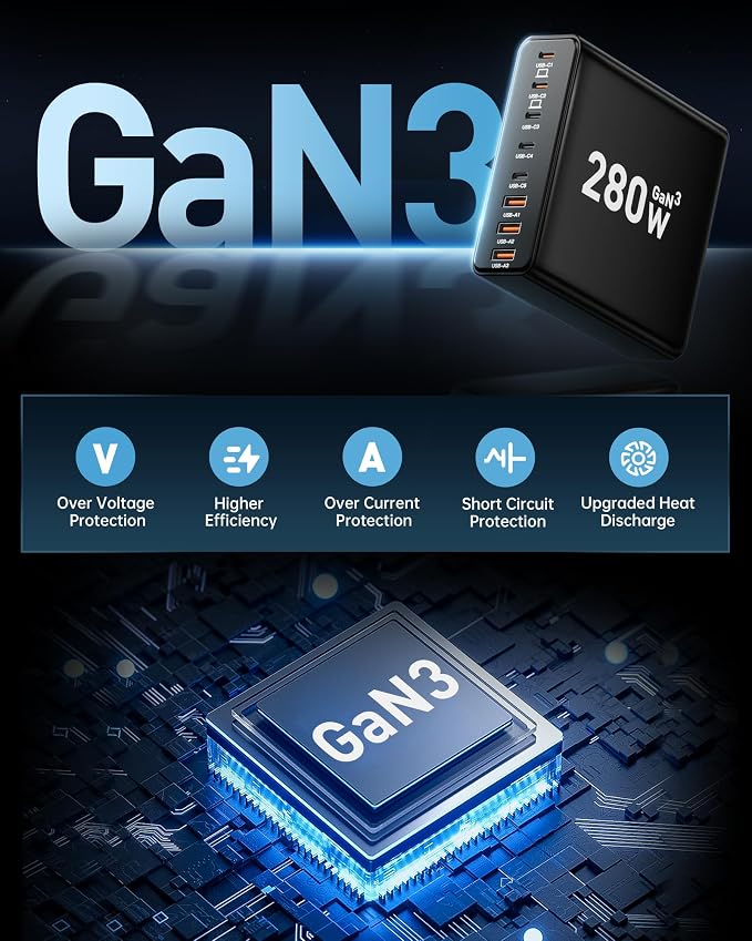280W USB C Charger Block, 8-Port USB C Charging Station GaN III PD 65W Laptop - Image 3