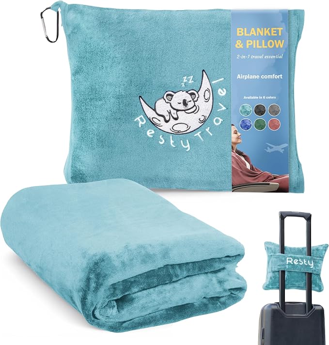 Resty 65"x40" Traveling Airplane Blanket, Baby Blue – Lightweight, Velvety Soft by Resty