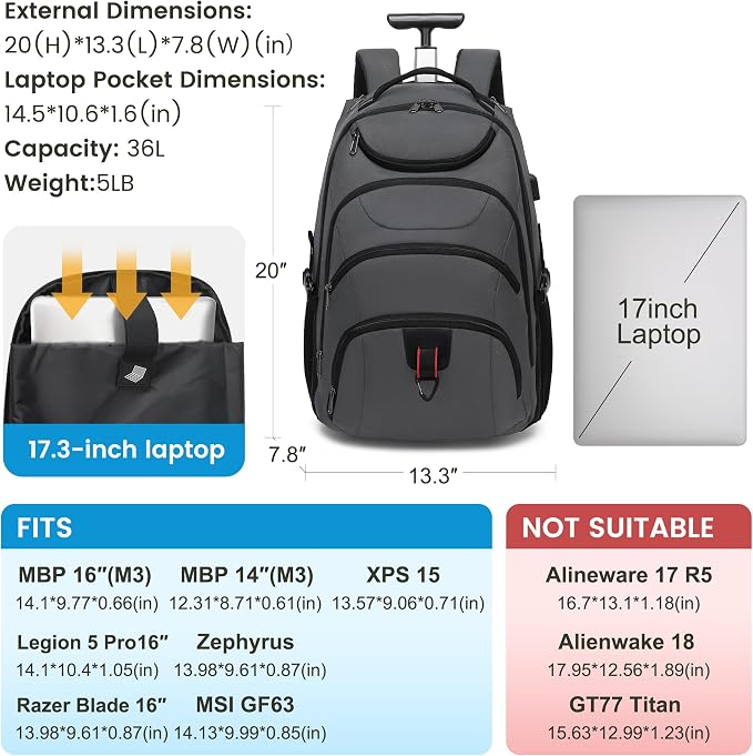 Boavan Rolling Backpack, 17 inch Water Resistant Wheeled Backpack, Carry on - Image 2