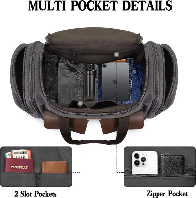 Canvas Duffle Bag for Men 50L Travel Duffel Bags Expandable Genuine Leather - Image 4
