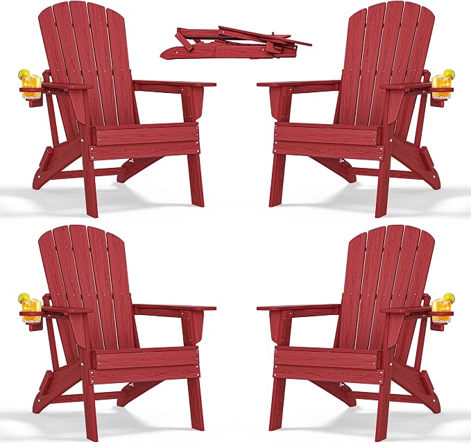Folding Adirondack Chair with Cup Holder Set of 4, HDPE All-Weather Patio Chairs by nevilywood
