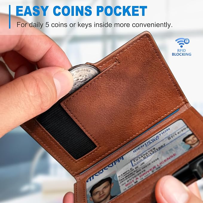 Men Wallet, with Money Clip Coins Pocket ID Window, Slim Front Pocket RFID - Image 4