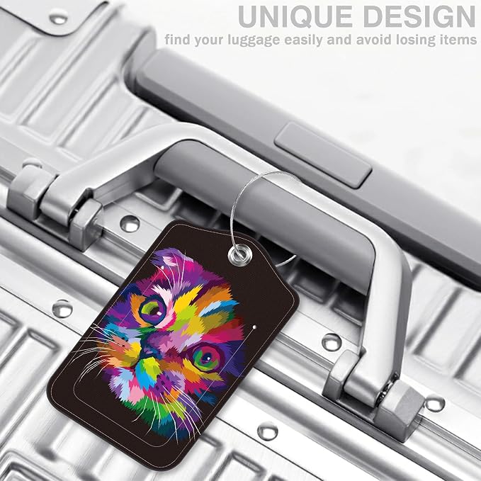 2 Pcs Cute Cat Luggage Tags for Suitcases PU Leather Colorful Art Kitten Animal - Image 5