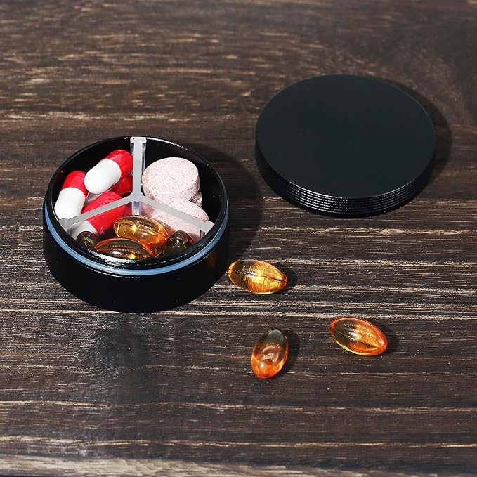 Small Pill Case 3 Compartments, Metal Round Portable Pill Box, Waterproof - Image 5