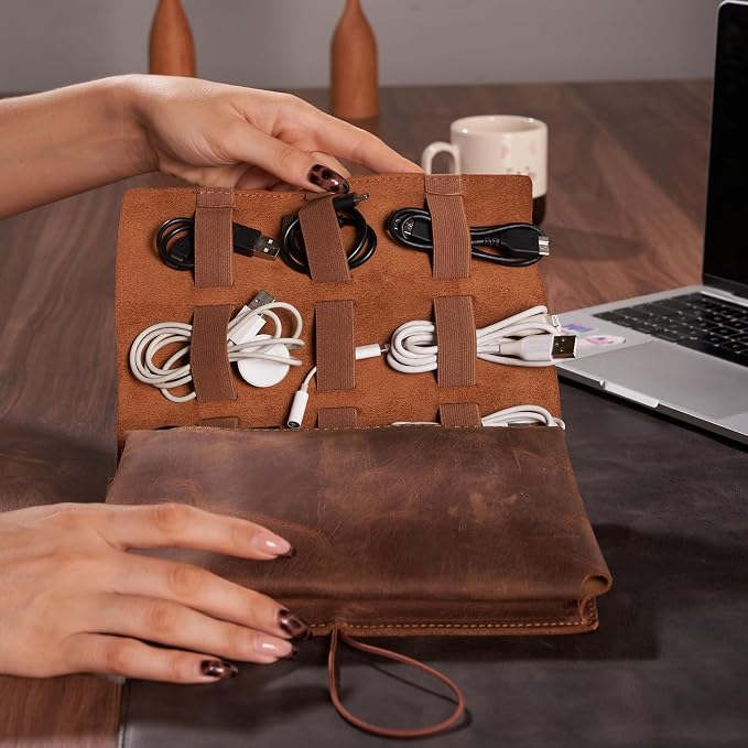 HARDISTON Custom Genuine Leather Electronic Cable Organizer Bag Handmade Travel - Image 5