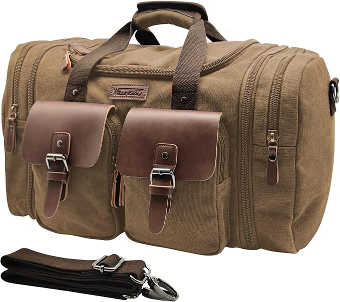 Wildroad 60L Travel Duffel Bag, Expandable Canvas Genuine Leather Duffle Bag by WILDROAD