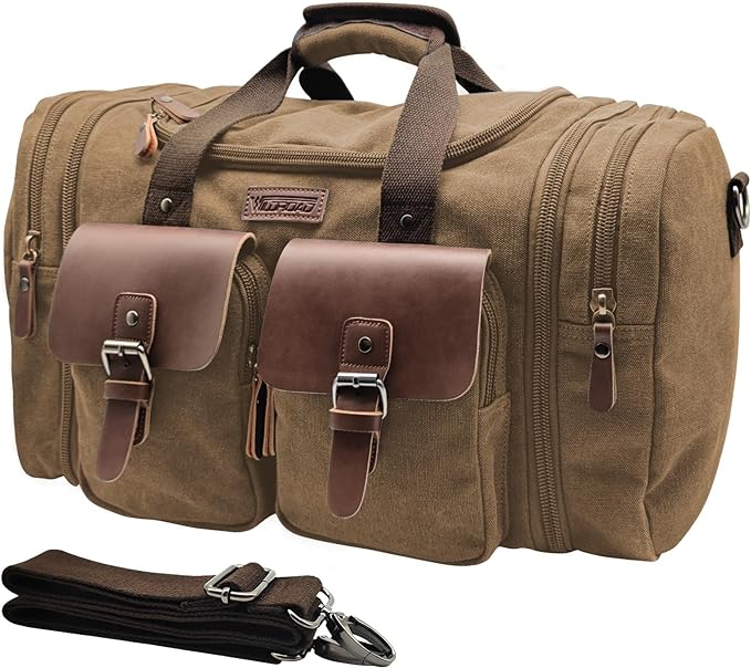 Wildroad 50L Travel Duffel Bag, Expandable Canvas Genuine Leather Duffle Bag by WILDROAD
