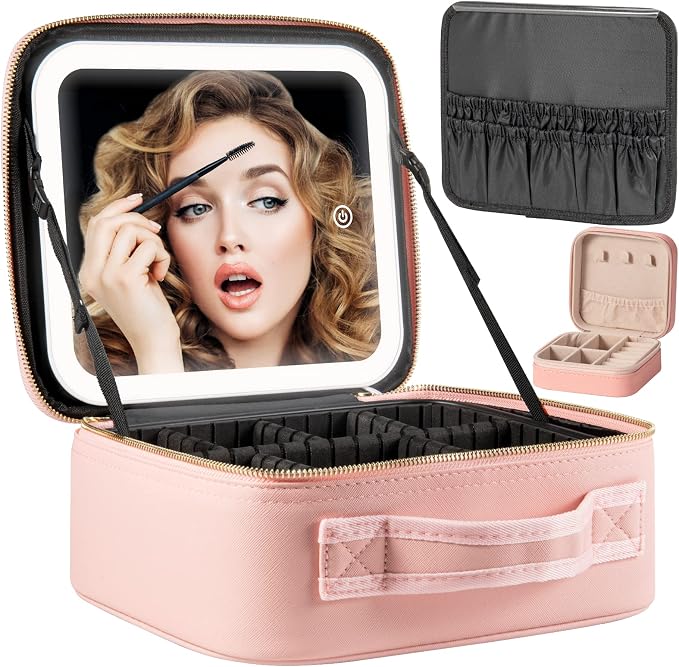 Makeup Travel Train Case with Mirror LED Light 3 Adjustable Brightness Large by Extrei+Gent
