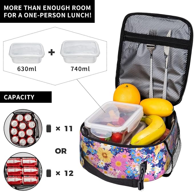 Floral Insulated Lunch Box for Women Men Floral Lunch Bag for Travel, or - Image 4