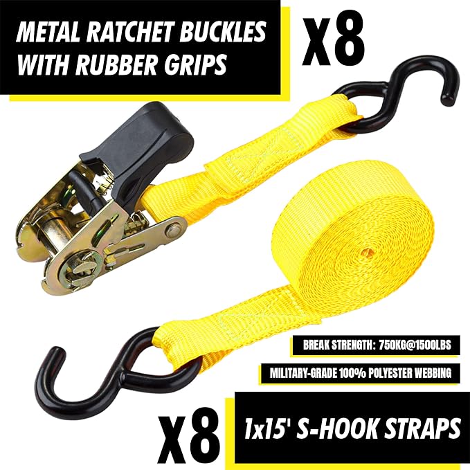 Cartman Ratchet Tie Down, 8Pk 15Ft, 500Lbs Load Cap/ 1500Lbs Break Strength - Image 2