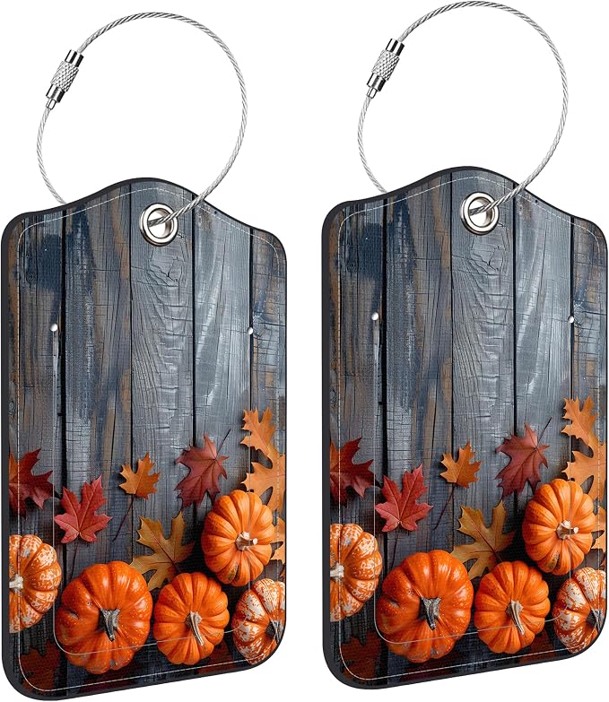 2 Pack Luggage Tag for Suitcase Thanksgiving Day Pumpkins Autumn Leaves Leather by Unknown
