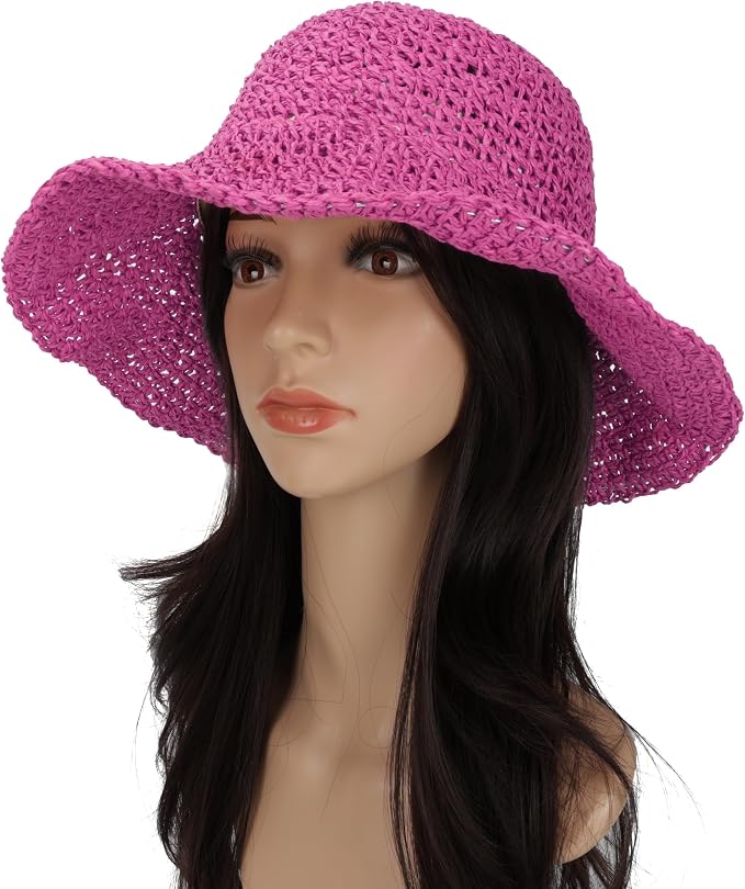 Womens Wide Brim Straw Sun Hat Foldable Floppy Crochet Beach Hat - Image 2