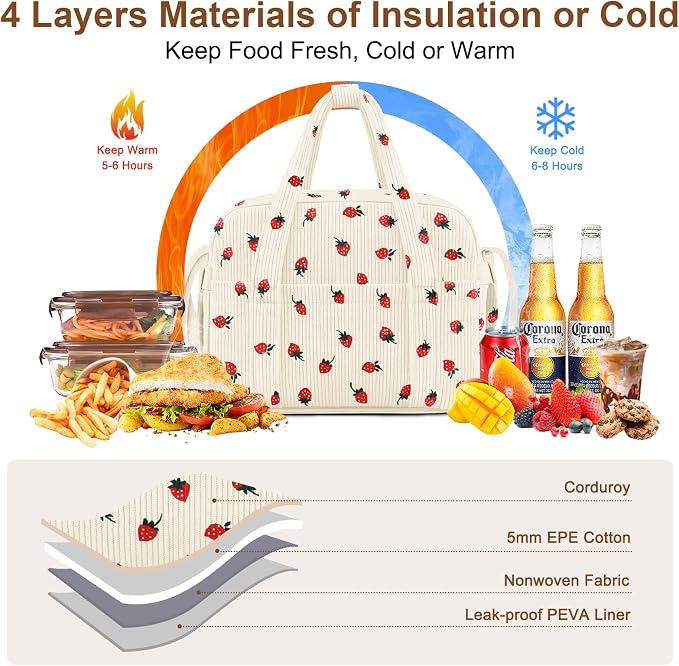 Corduroy Lunch Box Lunch Bag for Women Adults Men, Cute Strawberry Insulated - Image 3