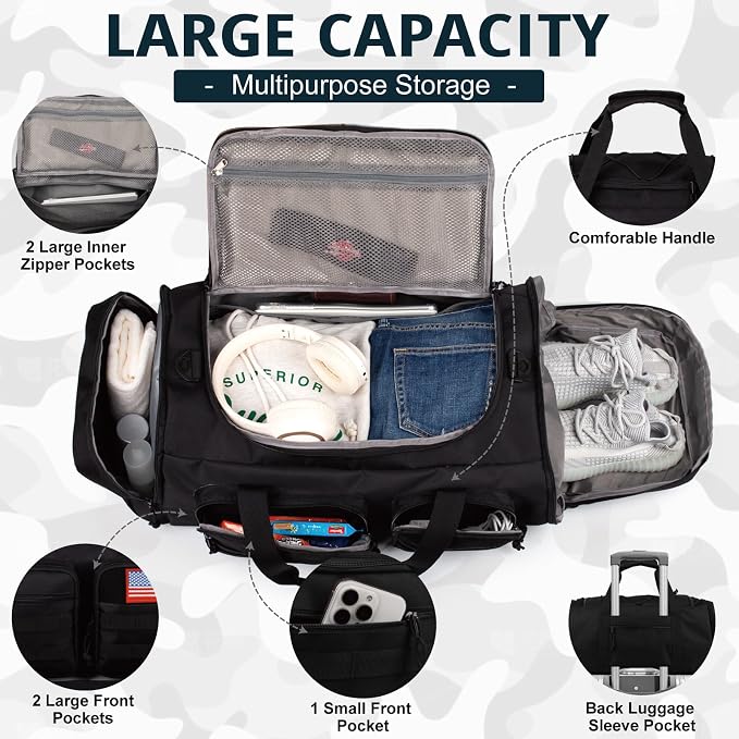 Tactical Gym Bag for Men，70L Large 3 in 1 Sports Duffle Bag - Image 3