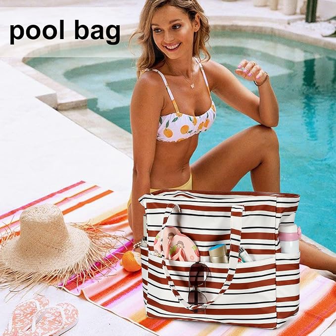 LEDAOU Large Beach Tote Bag Women Waterproof Sandproof Zipper Beach Tote Bag - Image 3