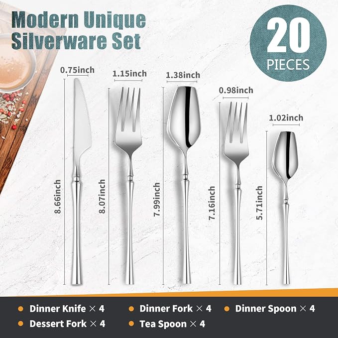 20-Piece Silverware Set for 4, Modern 18/10 Stainless Steel Flatware Set - Image 2