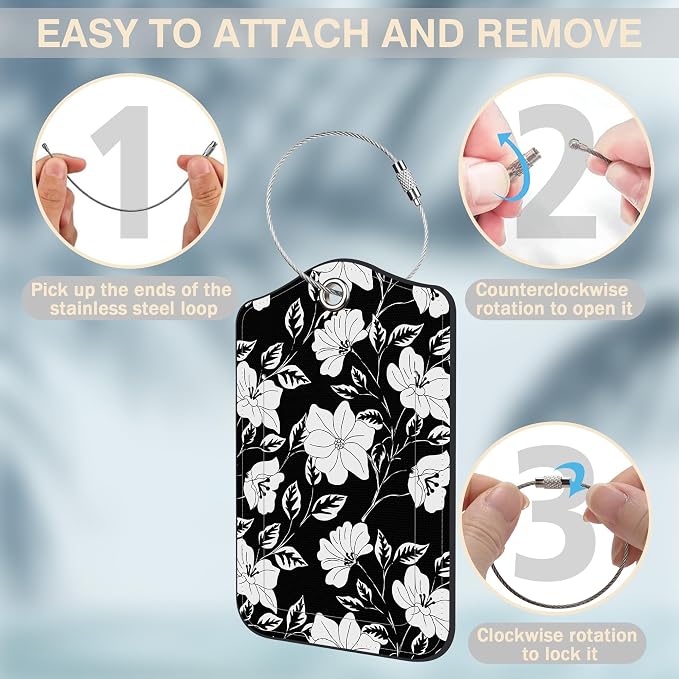 2 Pack Luggage Tags for Suitcases Black Flowers and Leaves Leather Luggage Tags - Image 4