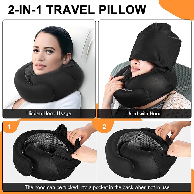 Travel Pillow - Hooded Neck Pillow Airplane Memory Foam Filling - Image 2