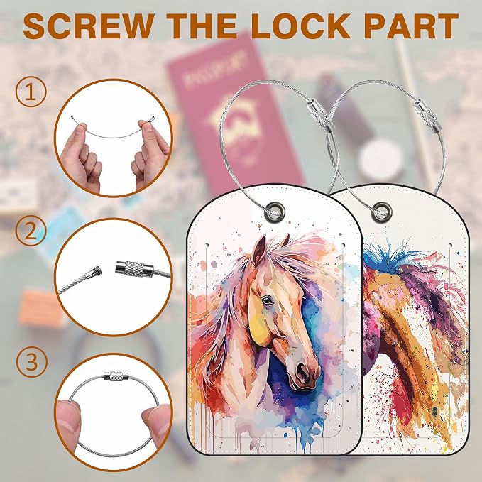 2 PCS Leather Luggage Tags for Suitcase Watercolor Horse Travel Luggage Tag - Image 4