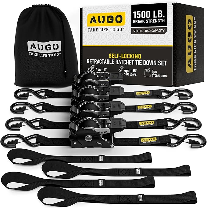 AUGO Self-Locking Retractable Ratchet Straps | 4 Heavy Duty Self-Tensioning by AUGO