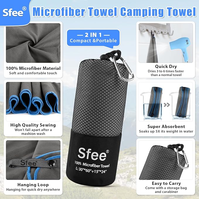 Sfee 2 Pack Microfiber Travel Towel, Quick Dry Camping Towel Large Beach Towel - Image 2