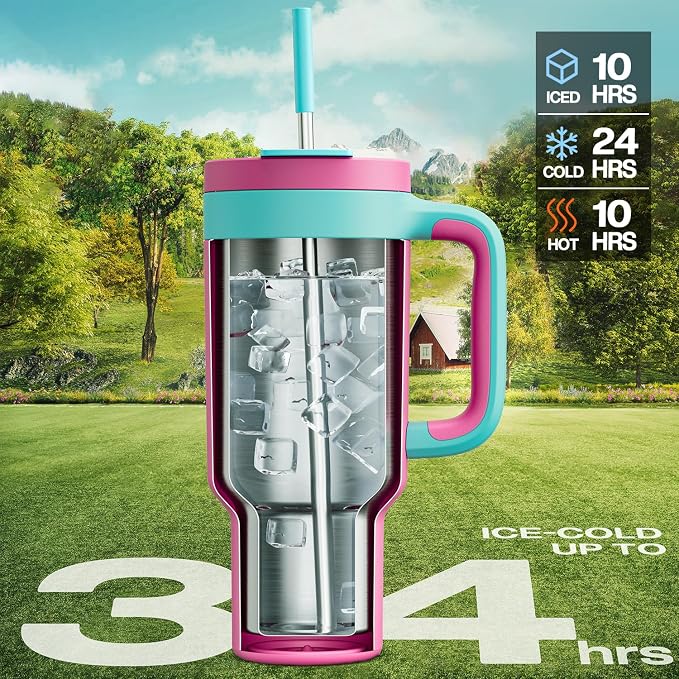 POWCAN 40 oz Tumbler with Handle, 2-in-1 Straw and Sip Lid, Dishwasher Safe - Image 2
