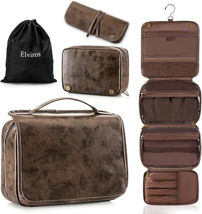 Elviros Hanging Toiletry Bag Removable Travel Bag PU leather Makeup Cosmetic by Elviros