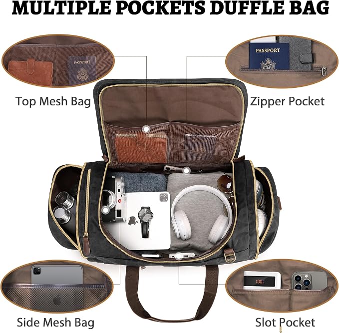 50L Duffle Bag for Men, Nomad Waxed Canvas Travel Duffel Bag Vintage Genuine - Image 3