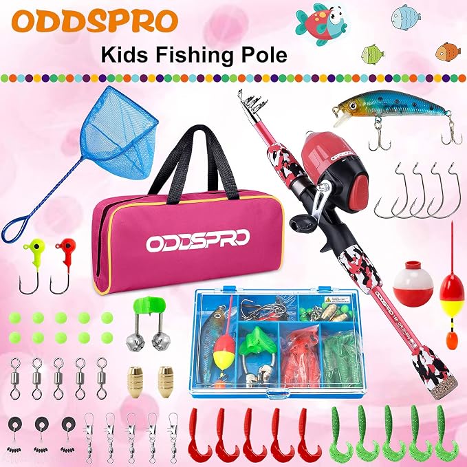 ODDSPRO Kids Fishing Pole Pink, Portable Telescopic Fishing Rod and Reel Combo - Image 2