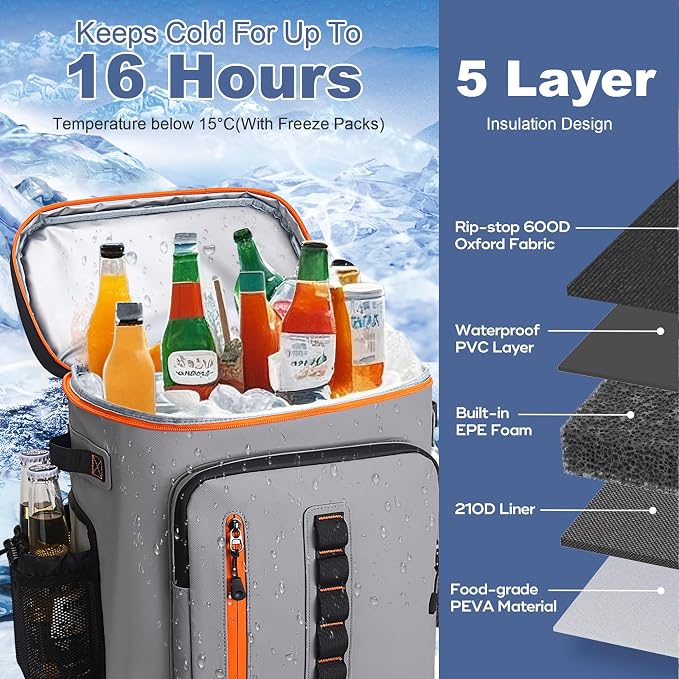 SUNUP 35 Cans Waterproof Cooler Backpack, Soft Insulated Leak Proof Backpack - Image 2