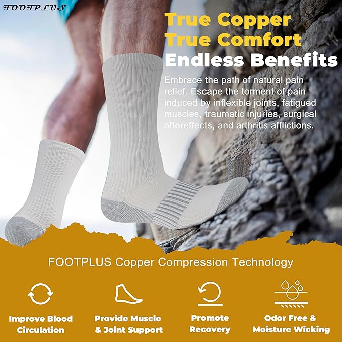 FOOTPLUS Hiking Copper Compression Socks, Unisex Cushioned Sole Arch Support - Image 2