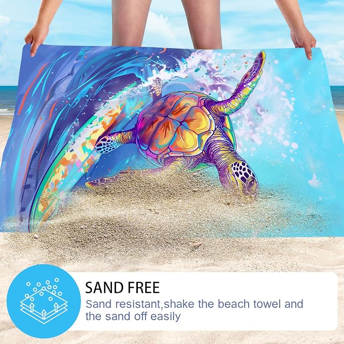 WZOMT Microfiber Turtle Beach Towel Oversized, Funny Sea Turtle Surfing Blue - Image 4