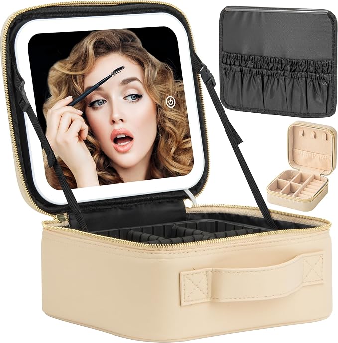 Makeup Travel Train Case with Mirror LED Light 3 Adjustable Brightness Large by Extrei+Gent