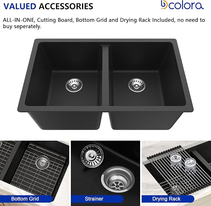 Dcolora 33 inch Quartz Matte Black Granite Composite Double Bowl Undermount - Image 5