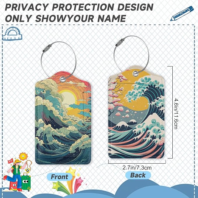 2 Pack Luggage Tag for Suitcase, Waves Sunrise Leather Bag Tags Identifiers - Image 2