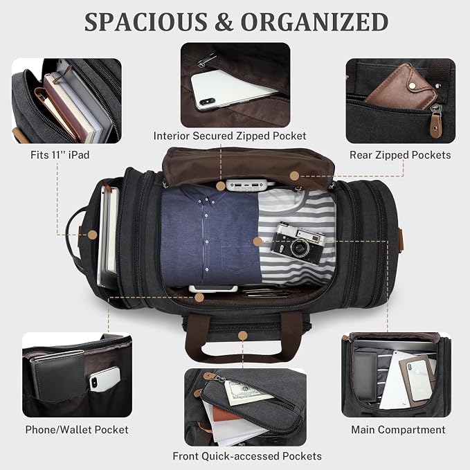 Gonex Canvas Duffle Bag 60L Travel Duffel Overnight Weekend Bag - Image 4